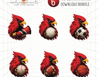 Cardinal Mascot Digital PNG Bundle, Sports Mascot Download, Red Bird Cheerleader, Football, Baseball, Basketball, Soccer, Volleyball PNG