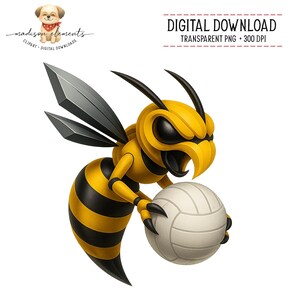 Può includere: Grafica di download digitale di una vespa stilizzata gialla e nera che tiene una palla da pallavolo bianca. La vespa ha occhi e ali neri. L'immagine include il testo "DOWNLOAD DIGITALE" e "PNG TRASPARENTE • 300 DPI".