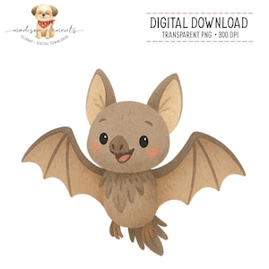 May include: A watercolor illustration of a smiling cartoon bat with outstretched wings. The bat is primarily brown with lighter brown wings and rosy cheeks. The image includes the text "DIGITAL DOWNLOAD" and "TRANSPARENT PNG + 300 DPI".