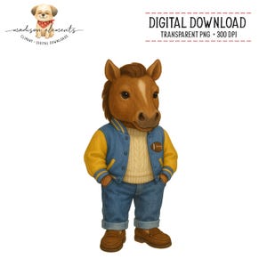 May include: A digital download illustration of a horse character wearing a blue and yellow varsity jacket, jeans, and brown loafers. The horse has a light brown coat and a white stripe down its face. The image includes the text "DIGITAL DOWNLOAD" and "TRANSPARENT PNG + 300 DPI".