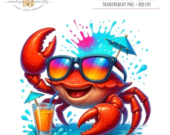 Summer Crab Digital Download PNG, Funny Crab with Sunglasses, Crab Clipart, Cute Sea Animal Printable, Beach Vacation Art, Fun Crab Image