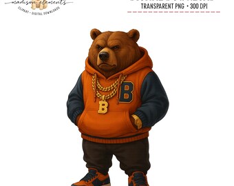 Grizzly Bear Mascot PNG, Cool Cartoon Bear Animal Design, Urban Style Bear Graphic, Hoodie Gold Chain Bear Art, Swag Bear Digital Download