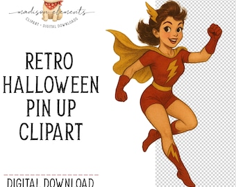 Superwoman Digital, Heroína Retro PNG, Clipart de Chica Superhéroe, Arte de Mujer Voladora, Cómic Vintage PNG, Descarga Digital de Obras de Arte