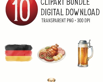 Germany Watercolor Elements Digital PNG Bundle, German Themed Party png, Beer Stein, Oktoberfest Party, German Food Png,Traditional Clothes