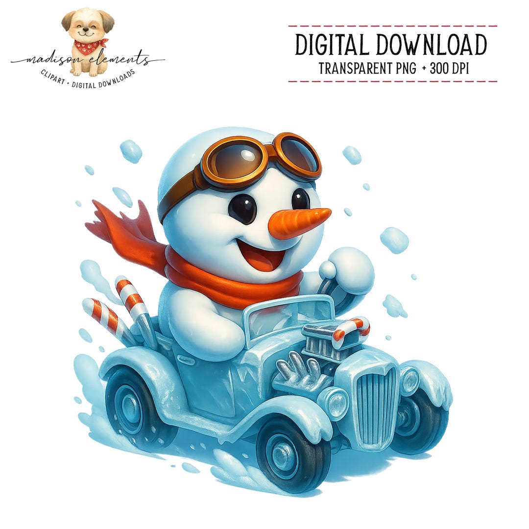 Snowman in Race Car Digital PNG, Cute Winter Clipart, Festive Holiday ...
