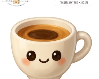 Süße Kaffeetasse Digital PNG, Kawaii Kaffee Clipart, Kaffee-Liebhaber-Geschenk, Heißgetränk Illustration, Kaffee Kunstdruck, Kaffee-Design, DIY PNG