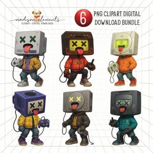 May include: A digital download bundle featuring six PNG clipart images. Each image depicts a figure with a video game console head, wearing a hoodie and holding a controller. The figures have a tongue sticking out and cross-shaped eyes. The images are set against a white grid background.