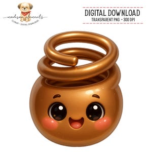 May include: A golden-colored cartoon illustration of a smiling pot with large eyes and rosy cheeks. A coiled spring shape sits atop the pot. The words "DIGITAL DOWNLOAD" and "TRANSPARENT PNG • 300 DPI" are printed above the pot.