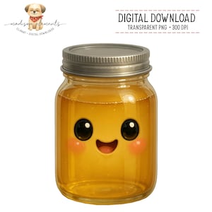 Pode incluir: Ilustração de desenho animado de um pote de mel com um rosto sorridente. O pote é preenchido com mel dourado e tem uma tampa prateada. O rosto tem olhos pretos grandes e bochechas rosadas. O texto "DOWNLOAD DIGITAL" está presente.