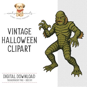 Creature from black lagoon PNG, Retro movie monster clip art, Digital Download PNG, Horror film creature, Gill man PNG, Swamp monster art