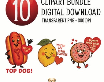 Vintage Valentines Day Card Clipart Bundle, Vintage Food Puns Valentines Cards PNG, Digital Valentines Cards, Cute Valentine Digital Designs