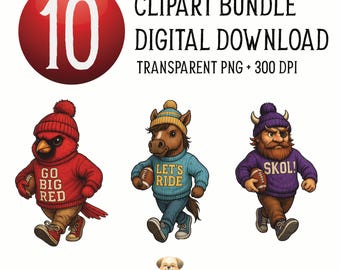 Football Team Mascots Digital Downloads Bundle, Sports PNG Clipart Set ,Sport Mascot PNGs, Cartoon Design Set, Funny Team Mascots for Crafts