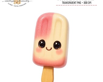 Süßer Kawaii Eis am Stiel Digitaler Download, Paleta Eiscreme Kunstdruck, Sommer Dessert Illustration, Rosa und Weißer Eis am Stiel, Lächelndes Essen Digital