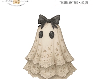 Cute Ghost PNG, Big Bow Ghost Digital Download, Cream Lace Ghost PNG, Halloween Ghost Design, Kawaii Ghost PNG