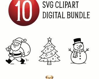 Handgetekende kerst digitale SVG-bundel, vakantie doodle ontwerpen, xmas monoline clipart, kerstman, sneeuwpop, boom, instant download SVG-bestanden