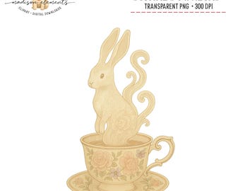 Rabbit in Teacup PNG, Floral Teacup Digital Download, Vintage Rabbit Design, Gift for Tea Lover, Whimsical Rabbit PNG