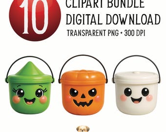 Halloween Boo Eimer Digital PNG Bündel, süßes Süßigkeit Eimer Clipart, Kawaii Kürbis Eimer Grafiken, Süßes oder Saures Party Png Set, Fledermaus, Mumie