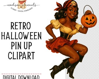 Pirate Girl PNG, African American Halloween clipart, Sexy Pinup Digital Download, Halloween pirate woman png, Pumpkin candy bucket png