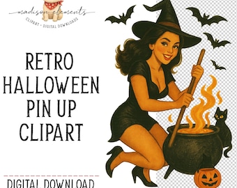 Pinup Witch PNG, Halloween Cauldron Digital Download, Black Cat Potion Clipart, Sexy Retro Witch Digital, Halloween Pinup Png