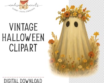 Simpatico fantasma floreale PNG, clipart fantasma autunnale, fantasma acquerello PNG, sublimazione di fiori selvatici PNG, download digitale Cottagecore autunnale