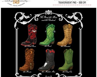 Halloween Cowboy Boots Digital Download PNG, Fantasy Western Boots Clipart, Costume Footwear Illustration, Universal Monster Boots