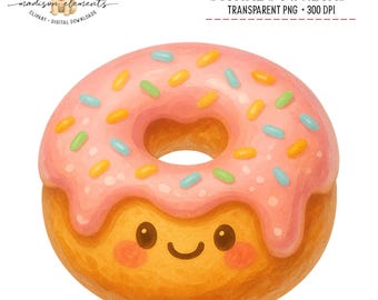 Cute Donut Digital PNG, Kawaii Food Clipart, Pink Frosted Donut Illustration, Smiling Donut Graphic, Baking Design, Sweet Treat, Food Art