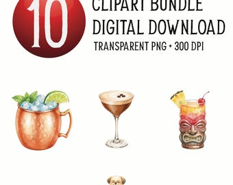 Alkoholische Cocktails Digitales Png Bundle, Tropische Getränke Png, Alkohol Clipart, Party Getränke Png, Cocktailrezept Grafiken, digitaler Download