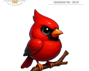 Cardinal Digital PNG Download, Cute Red Bird Clipart, Cardinal on a Branch Digital Download, Kawaii Cardinal png, Gift for Bird Watchers
