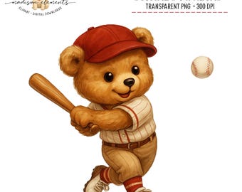 Retro Baseball Teddy Bear Digital PNG, Sporty Brown Bear download, Baseball Lover Gift, Cute Bear PNG, Nostalgic Baseball decor png