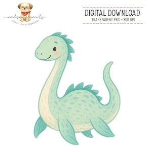 Può includere: Illustrazione di un dinosauro azzurro con un lungo collo e un volto sorridente. Il dinosauro ha una fila di pinne dorsali ed è ambientato su uno sfondo bianco. Il testo in alto recita "DOWNLOAD DIGITALE".