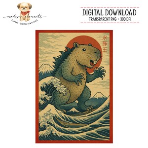 May include: Digital download of a capybara-like creature illustration in the style of a Japanese woodblock print. The creature is depicted with a spiky back, set against a backdrop of waves, mountains, and a red sun.