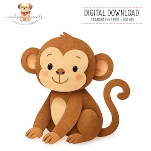 Clipart di scimmie carine, download digitale di PNG di scimmie, illustrazione di animali, decorazioni per cameretta dei bambini nella giungla, festa con animali nella giungla, animale da safari stampabile