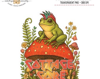 Punk Frog Digital Download PNG, Cottagecore Toadstool Art, Cute Animal Printable, Funny Frog Illustration, Digital Art Download