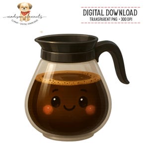 Könnte beinhalten: Cartoon-Illustration einer Kaffeekanne, gefüllt mit Kaffee. Die Kanne ist aus klarem Glas mit einem schwarzen Deckel und Griff. Der Kaffee hat ein fröhliches Gesicht mit rosigen Wangen.