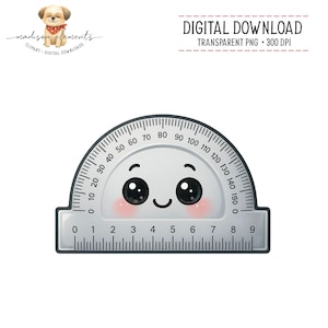 Puede incluir: Un transportador gris sonriente, con una escala de 0 a 180 grados. El transportador tiene una cara amigable con mejillas rosadas y ojos grandes. La imagen incluye el texto "DESCARGA DIGITAL" y "PNG TRANSPARENTE • 300 DPI".