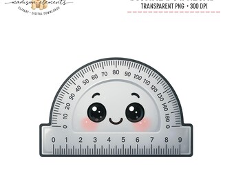 Transferidor fofo digital PNG para download, ferramenta escolar kawaii, imagem de transferidor sorridente, clipart de volta às aulas, recurso para professores