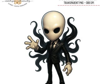 Download PNG digitale di Slender Man, leggenda artistica di Creepypasta, illustrazione di folklore urbano, grazioso design di Slenderman in stile Chibi, uomo alto in giacca e cravatta