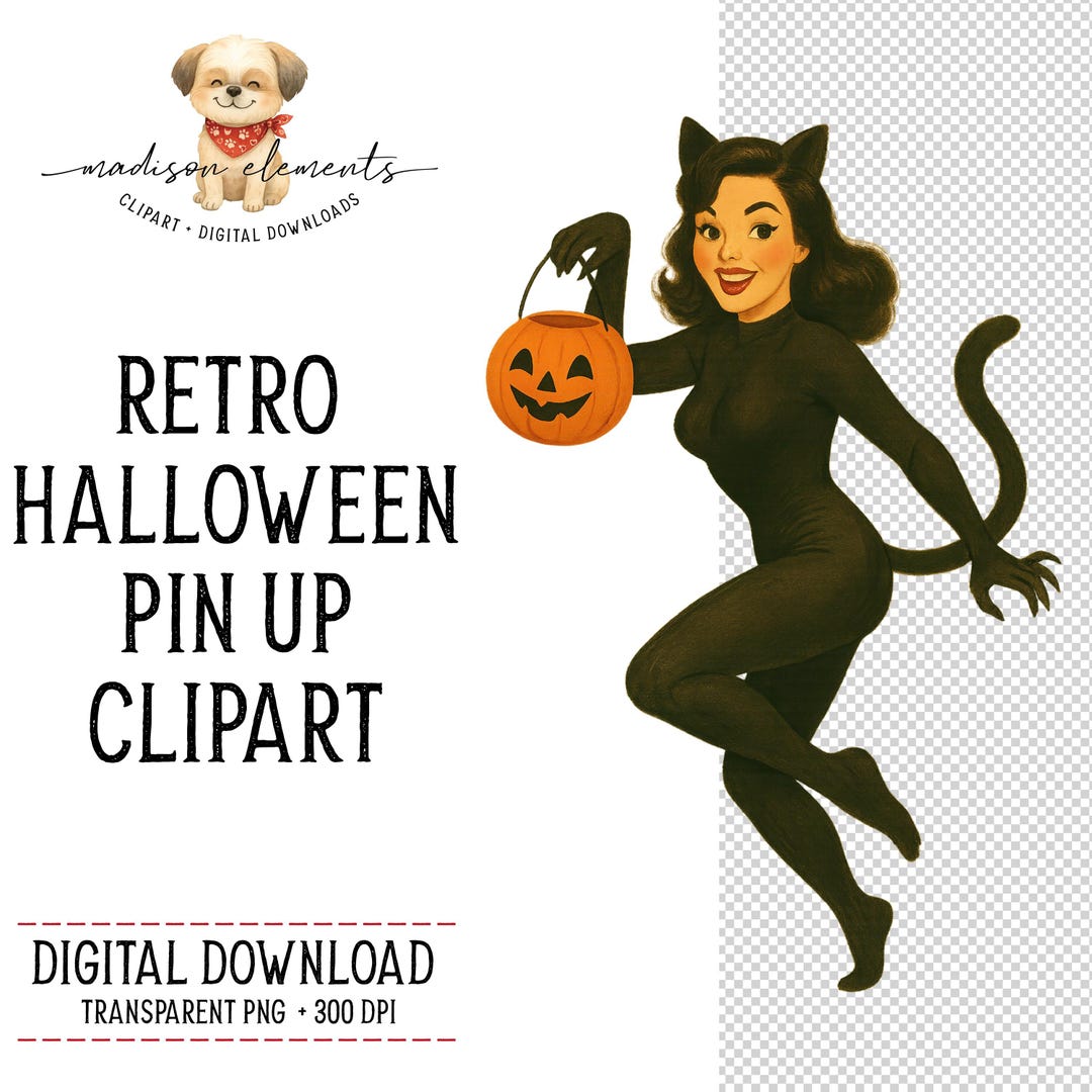 Pinup Cat Digital, Halloween PNG, Vintage Black Cat Woman With Pumpkin ...