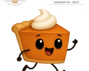 May include: A cartoon illustration of a slice of pumpkin pie with a smiling face, black eyes, and whipped cream topping. The pie has black arms and legs, and is running. The words "DIGITAL DOWNLOAD" are at the top.
