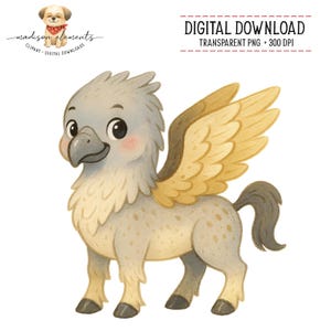 May include: A whimsical illustration of a gryphon, a mythical creature with the body of a lion and the head and wings of an eagle. The gryphon is depicted in soft, muted colors with a friendly expression. The image is labeled "DIGITAL DOWNLOAD".