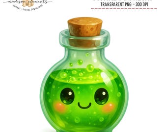 Op de afbeelding: Een cartoon illustratie van een groene drankfles met een kurk. De fles heeft een lachend gezicht met zwarte ogen en roze wangen. De drank binnenin is groen met bubbels. Tekst luidt "DIGITALE DOWNLOAD".