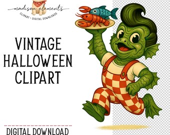 Creature From Black Lagoon PNG, Digital Download. Retro Diner Waiter, Fish Waiter png, Sea Monster Diner vibes, Universal Monster