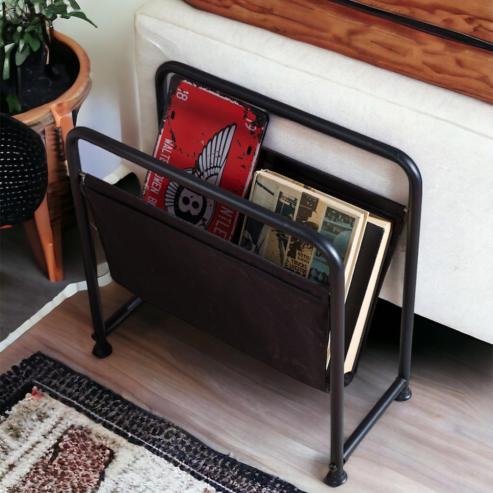 Modern Metal & Leather Magazine Rack: Minimalist Home Decor - Etsy