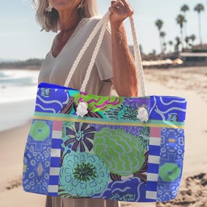 Blue Patchwork Oversized Farmhouse Chic Canvas Weekend Collage Tote for Beach, Gym, Travel & Eco Shopping. Feminine Cute Artsy Bag. Mom Gift
