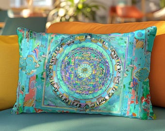 Lumbar Pillow with Teal Mandala Boho Canvas Meditation Cushion- Spiritual Accent for New Home Gift.  Ergonomic Back Support