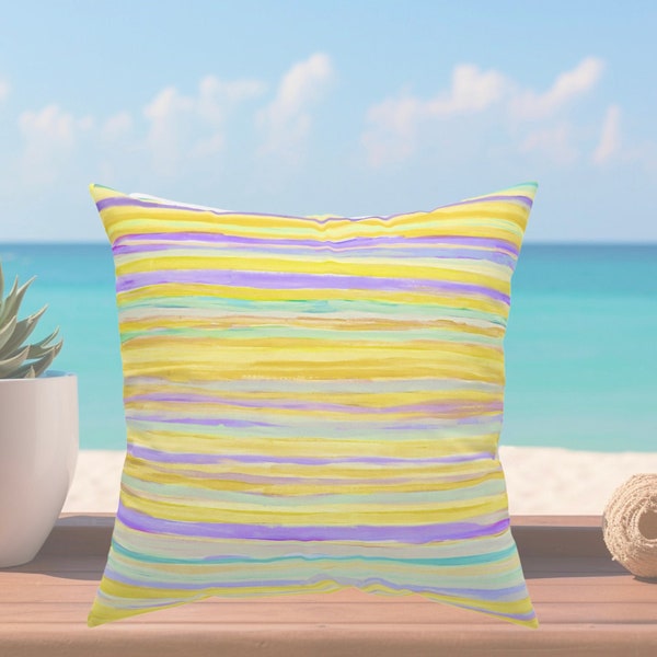 Coastal home decor toss pillow yellow multi color stripe beach chic sofa throw watercolor square accent lounge pillow decor daybed pillow