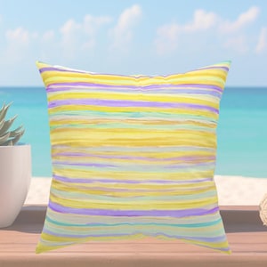 Yellow Watercolor Stripe Pillow – Luxury Coastal Accent Cushion with Insert – Pastel Designer Decor for Modern Beach Homes  Feminine Pillow