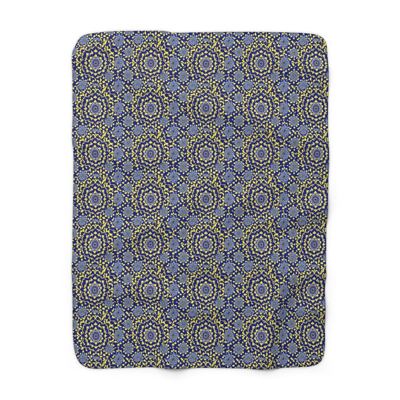 Dark Blue Yellow Mandala Sherpa Fleece Blanket Sofa Throw. Cozy New