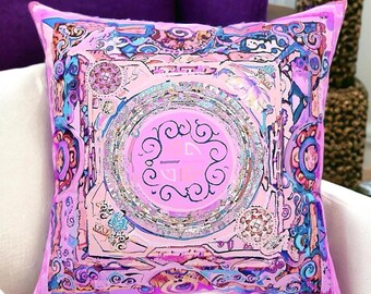 Pink Boho Mandala Canvas Throw Pillow. Elegant Spiritual Symbol on Meditation Decorative Square Cushion. Ethnic Zen Home Decor. 5 sizes.