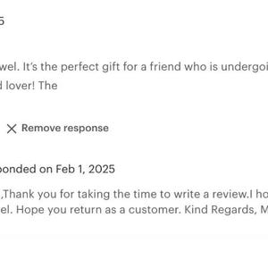 May include: A five-star customer review from Susan dated February 1, 2025, regarding a tea towel. The text includes a positive comment about the product as a gift, followed by a response from Maria dated February 1, 2025, thanking the customer.